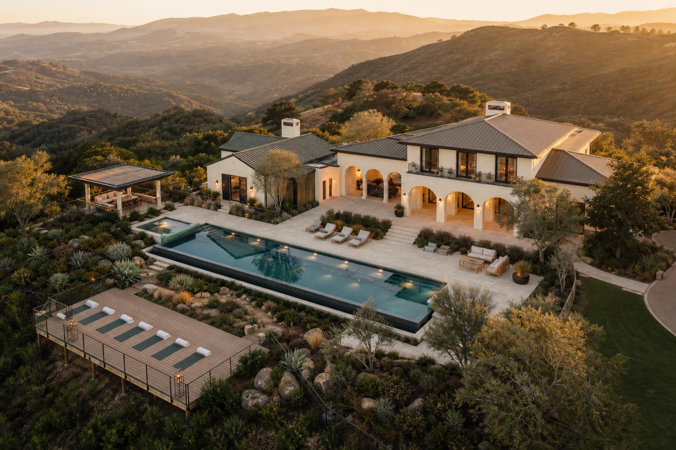 Aerial view of a California wellness estate at golden hour with an infinity pool