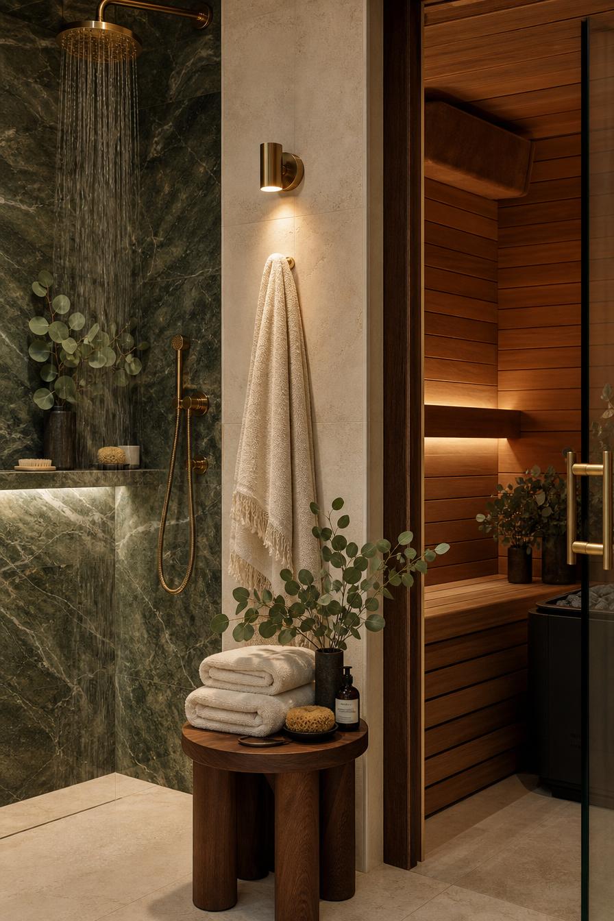 Luxury home spa detail with green marble surfaces and brass fixtures