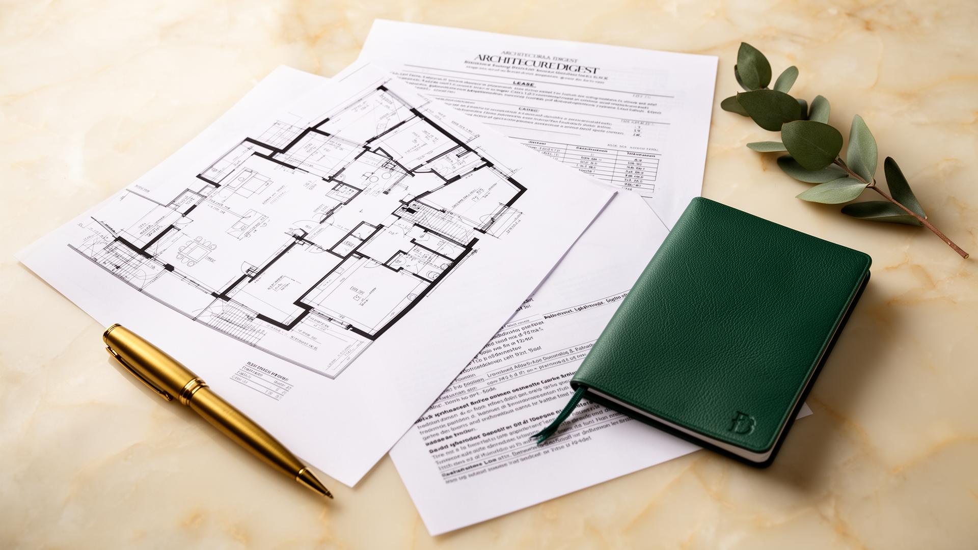 Architectural floor plans and lease documents on ivory marble with brass pen and green leather notebook