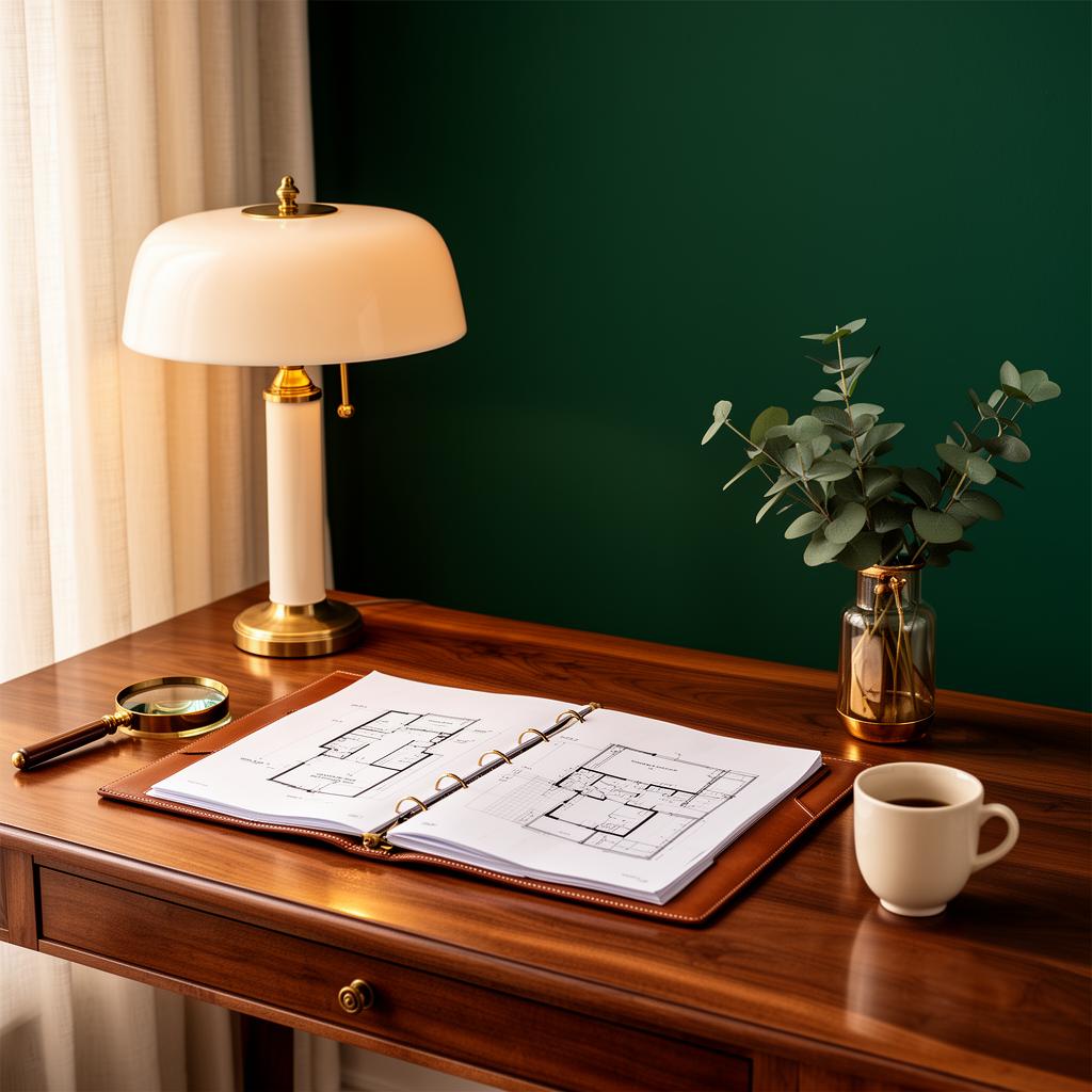 Designer's desk with floor plans, ivory lamp, and veridian green wall