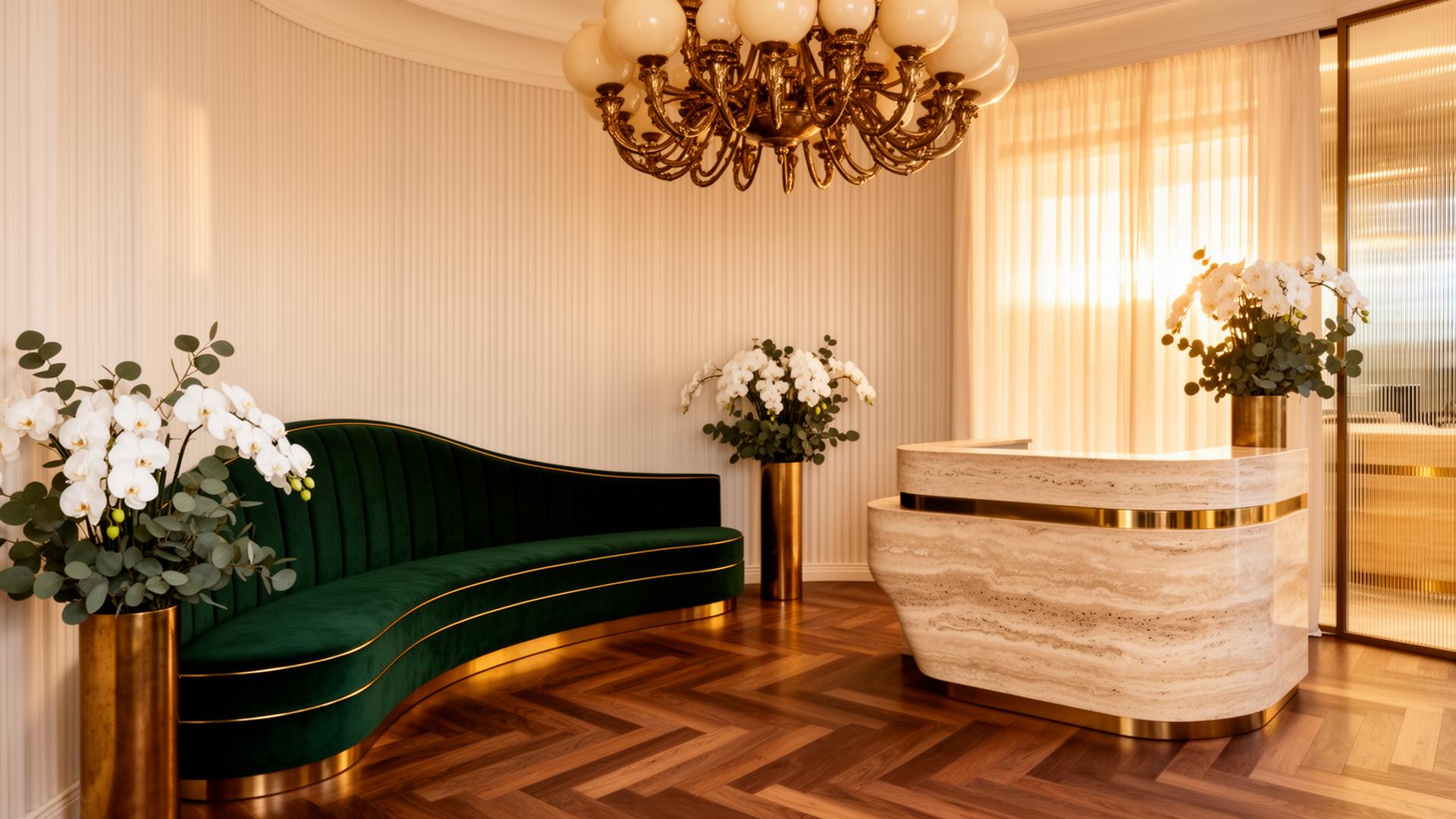 Refined ivory cream interior with veridian velvet bench and brass accents